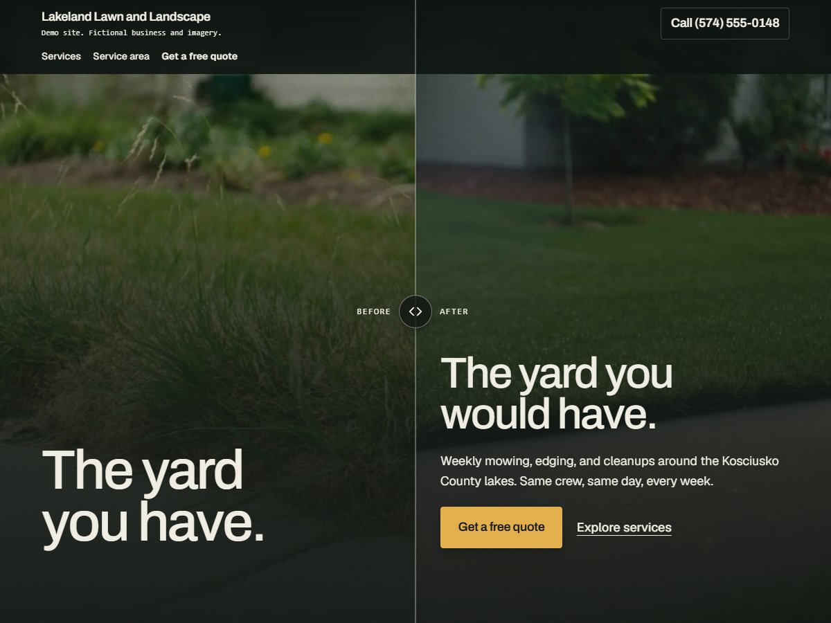 Fictional lawn care website example with a service overview and a clear estimate request